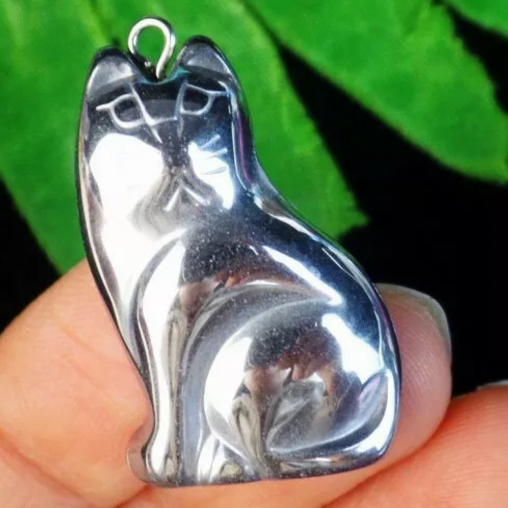 Carved Silver Hematite Cat Pendant